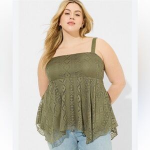 NWOT Torrid Babydoll Lace Hanky Hem Babydoll Style Tank Olive Green Size 3X